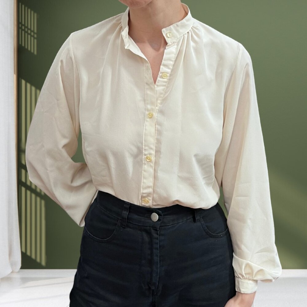 The Talbots Ivory Silk Blouse Band Collar Long Sleeve